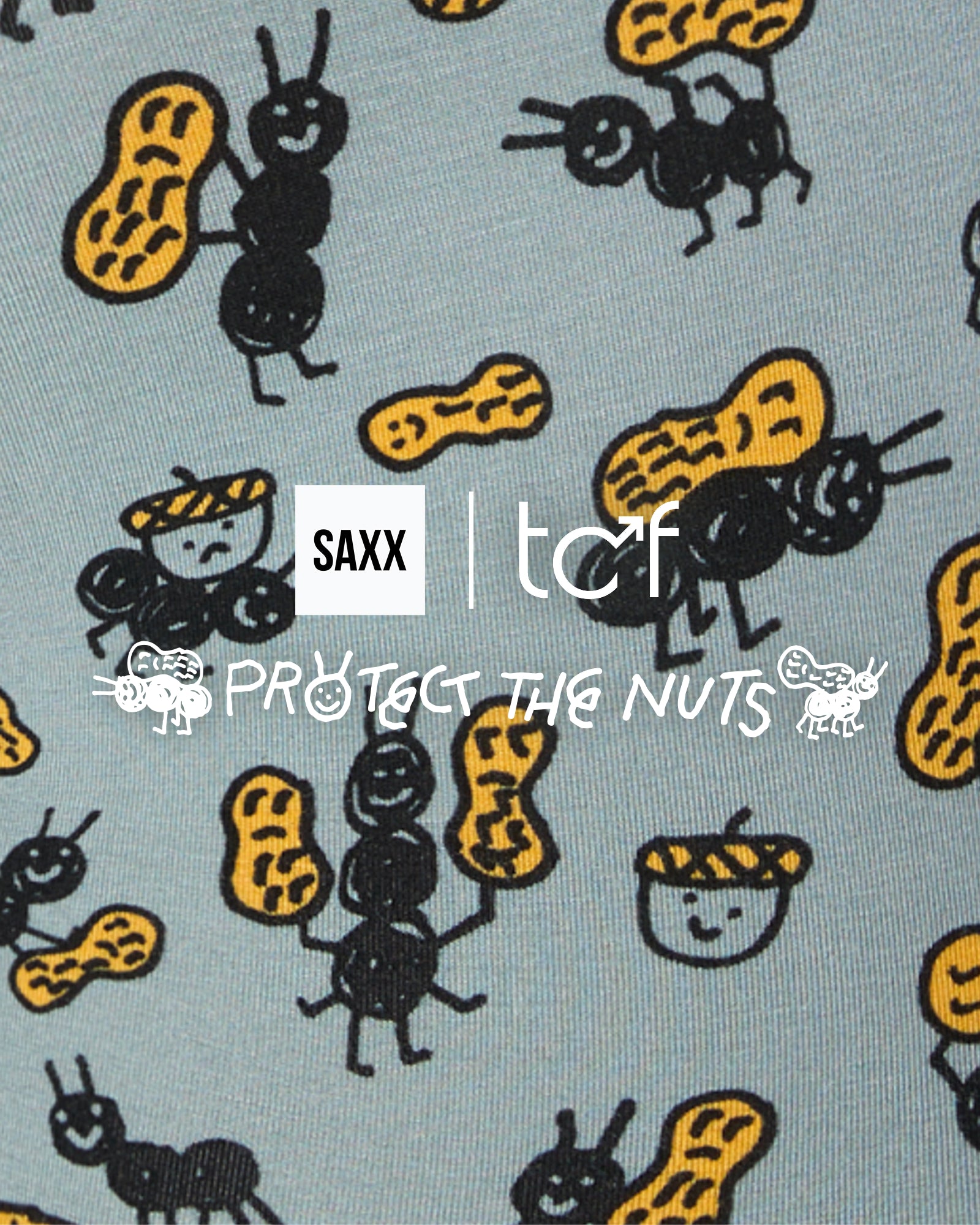 TCF x SAXX graphic featuring illustrated ants carrying peanuts with “Protect the Nuts” messaging on a grey background.