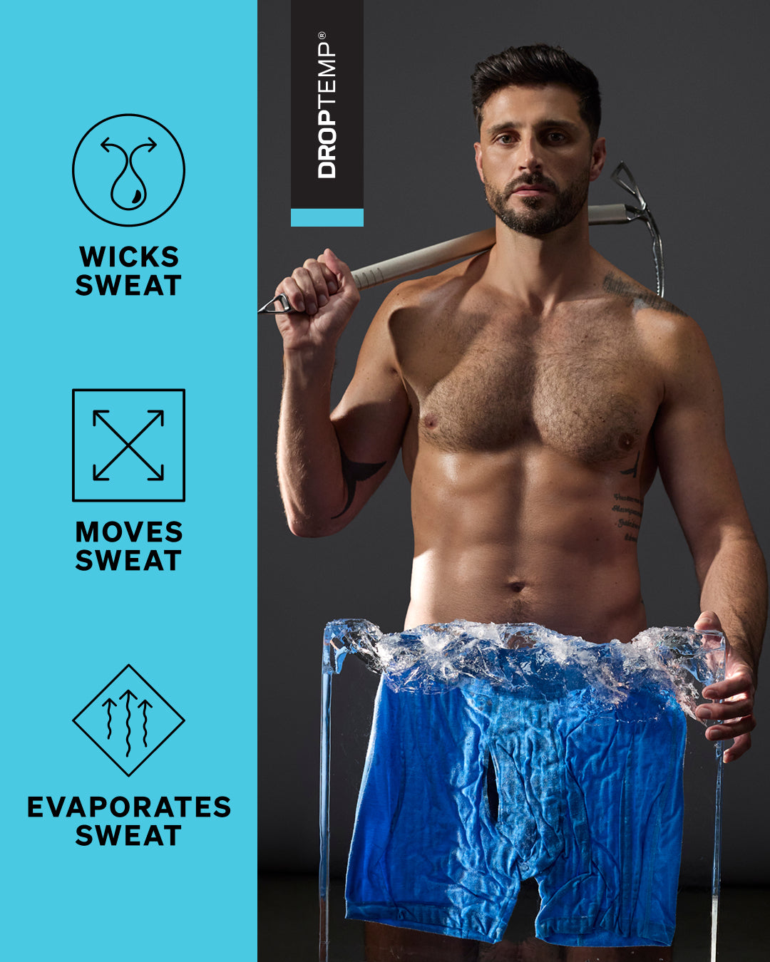 Model holding frozen blue boxer briefs to demonstrate DropTemp cooling technology and rapid heat release