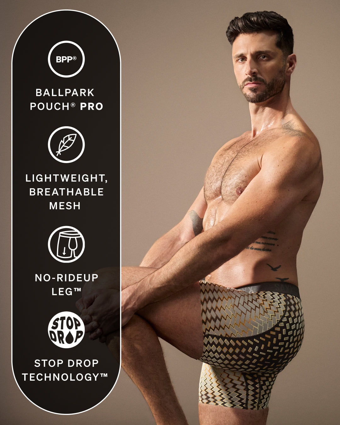 Man wearing patterned underwear with product features on the left