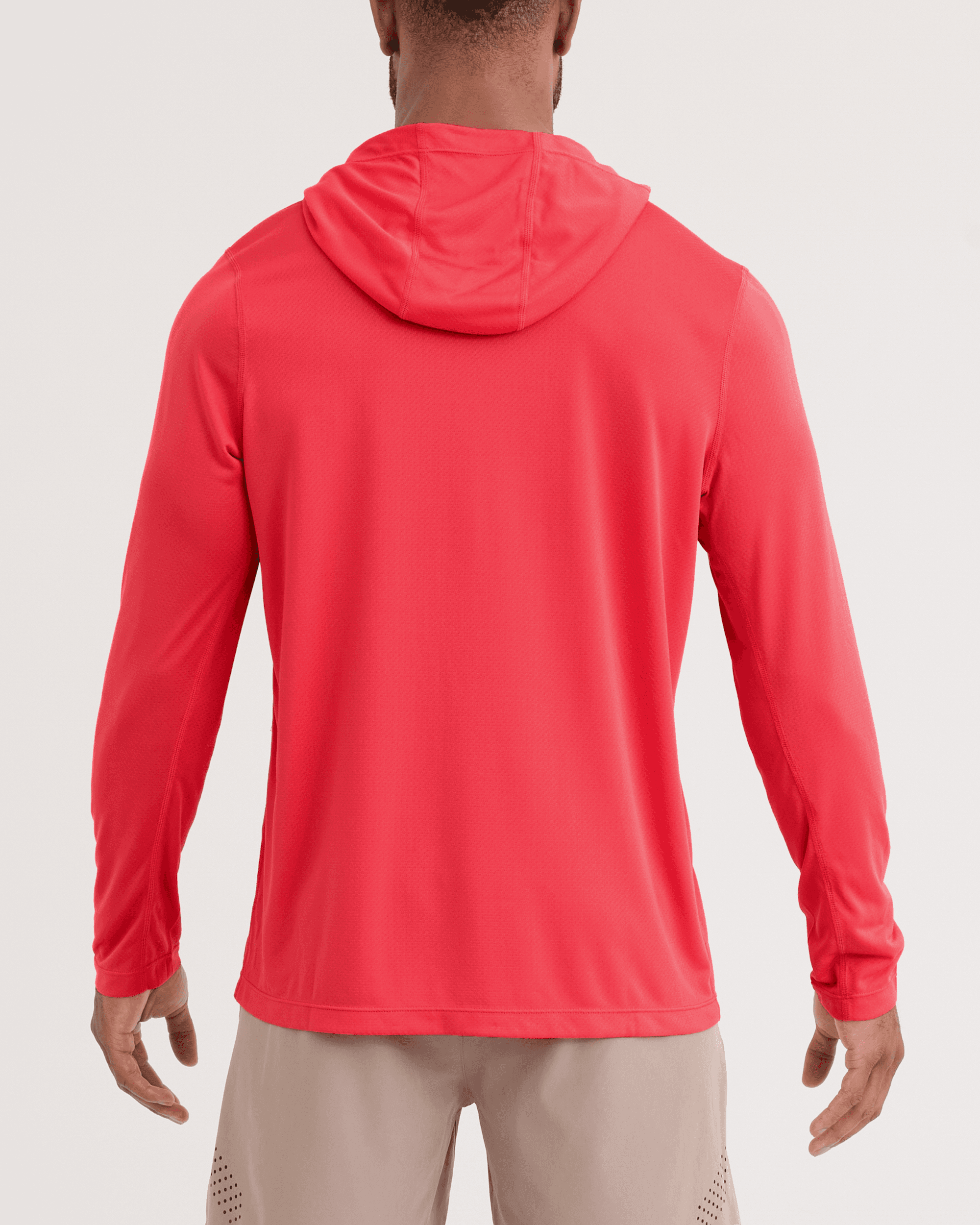 Back - Model wearing Multi-Sport Mesh Hoodie in Coral Red