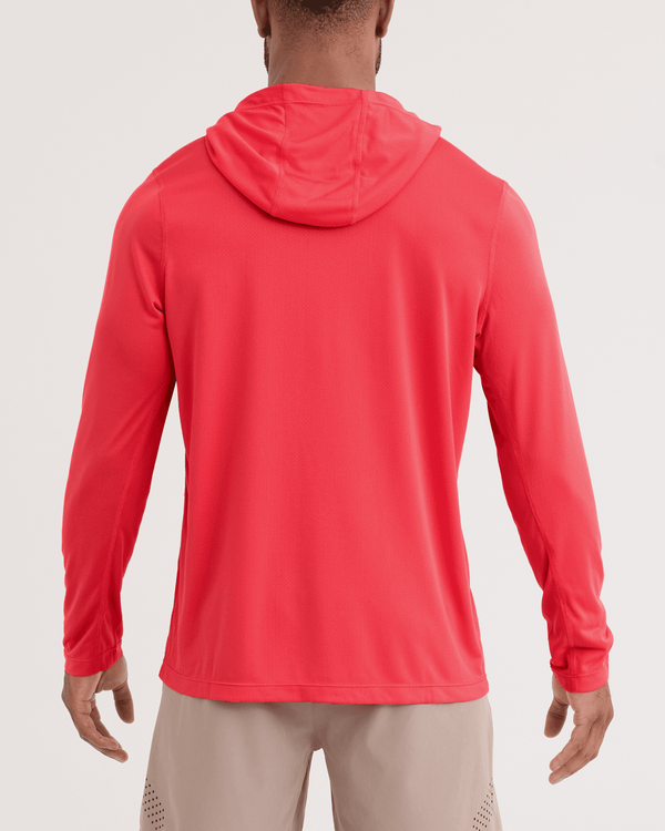 Back - Model wearing Multi-Sport Mesh Hoodie in Coral Red
