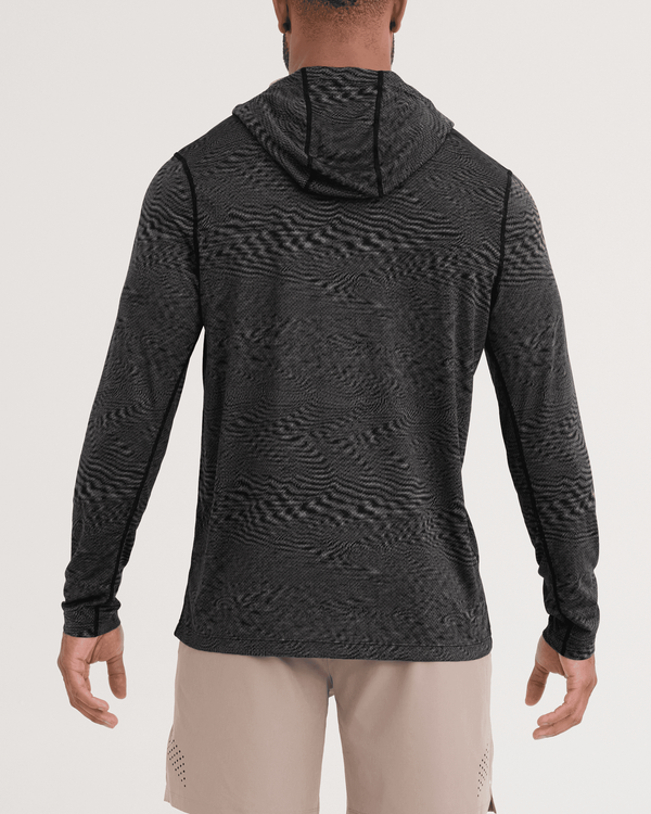 Back - Model wearing Multi-Sport Mesh Hoodie in Hyperspace-Dark Grey