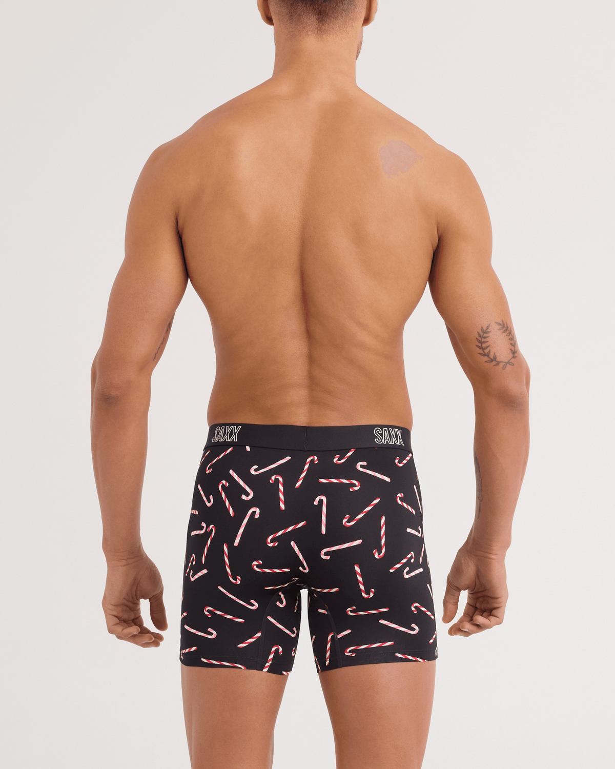 Back - Model wearing DropTemp All Day Cooling Boxer Brief 3 Pack in Candy Cane/Red/Black