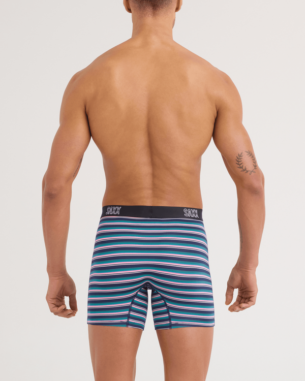 Back - Model wearing DropTemp All Day Cooling Boxer Brief in Micro Field Stripe-Navy