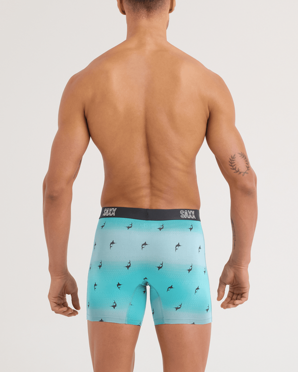 Back - Model wearing DropTemp All Day Cooling Boxer Brief in Sailfish Ombre-Turquoise