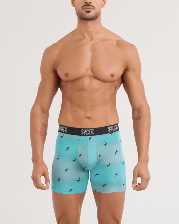 Front - Model wearing DropTemp All Day Cooling Boxer Brief in Sailfish Ombre-Turquoise