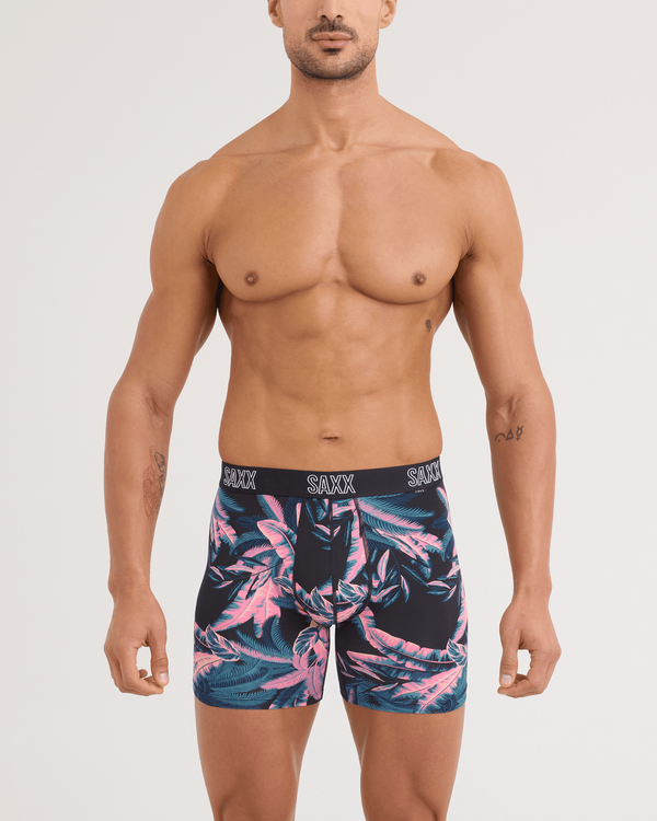 Front - Model wearing DropTemp All Day Cooling Boxer Brief in Tropical Jungle-Black