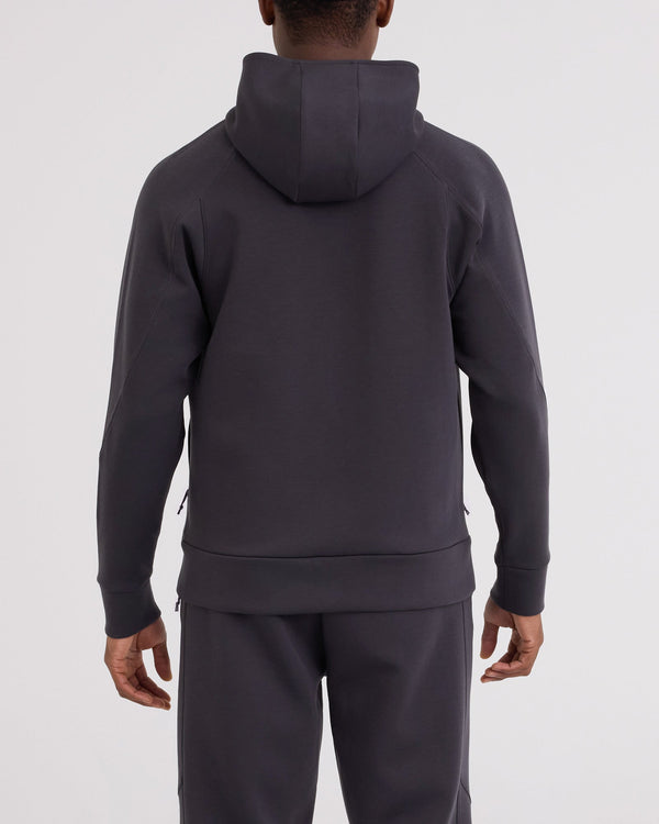 Back - Model wearing Phase Hoodie in Faded Black