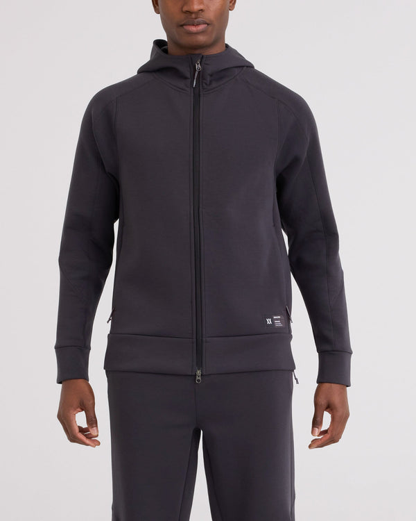 Front - Model wearing Phase Hoodie in Faded Black