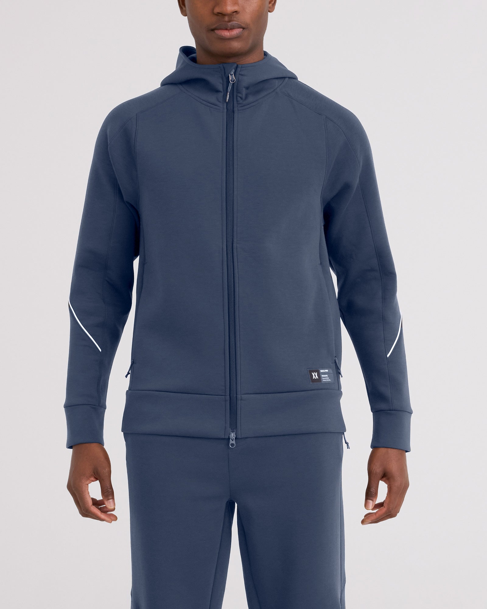 Front - Model wearing Phase Full Zip Hoodie in Washed Indigo