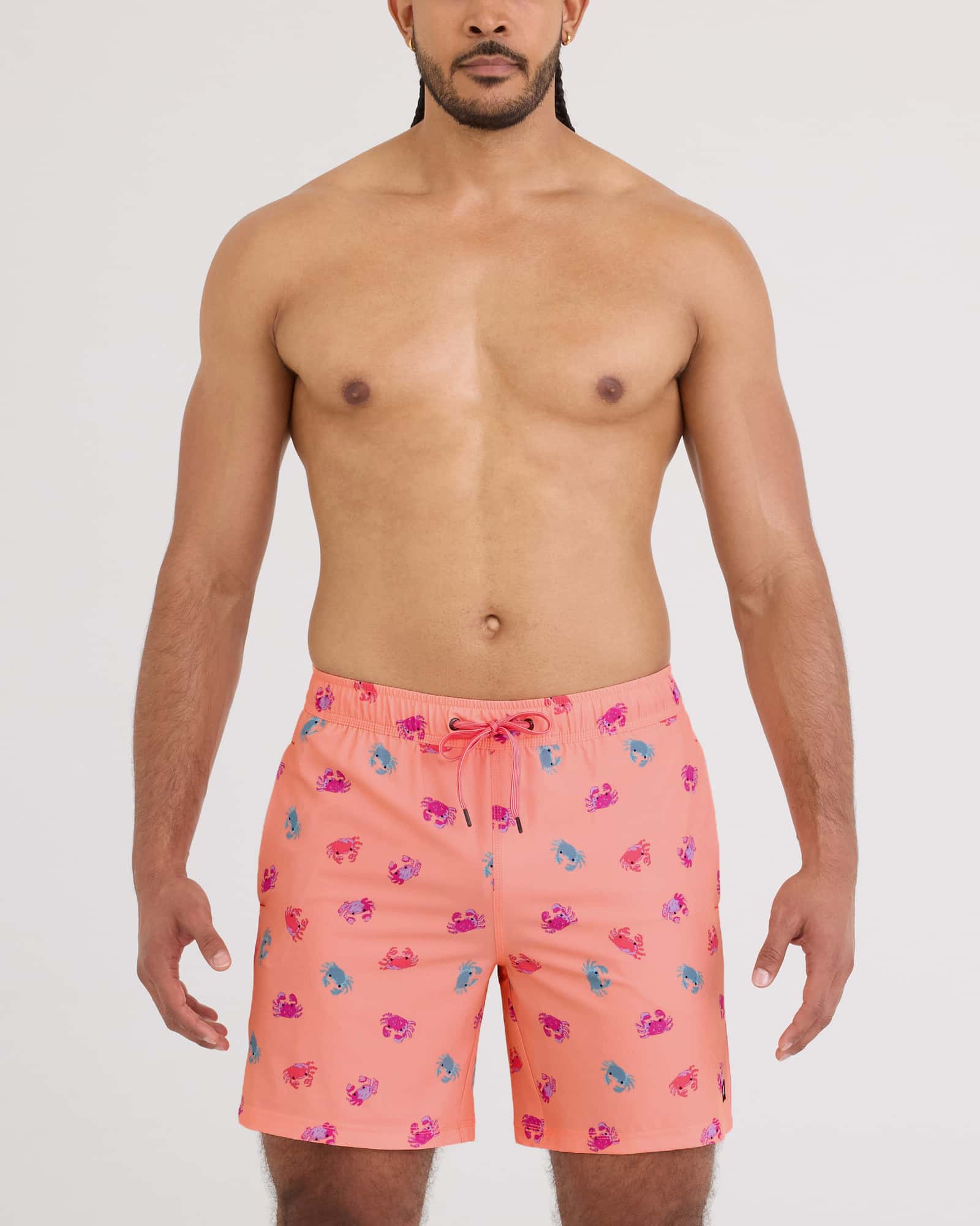 Front - Model wearing Oh Buoy 2N1 Volley - Brief Liner 7" in Crab Boil-Desert Flower