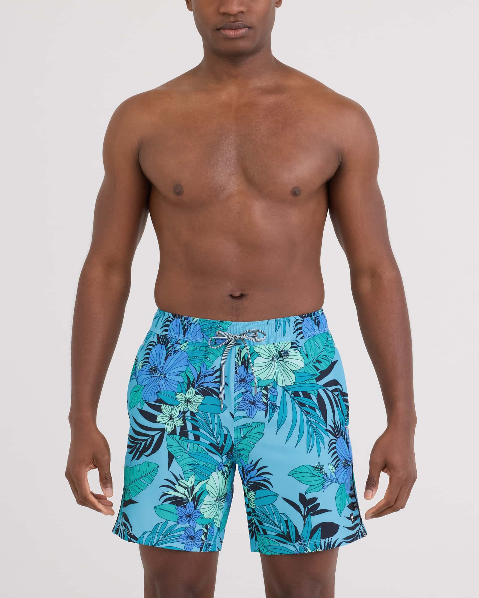 Front - Model wearing Oh Buoy 2N1 Volley - Brief Liner 7" in Hibiscus Jungle-Blue