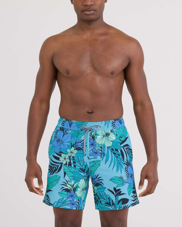 Front - Model wearing Oh Buoy 2N1 Volley - Brief Liner 7" in Hibiscus Jungle-Blue