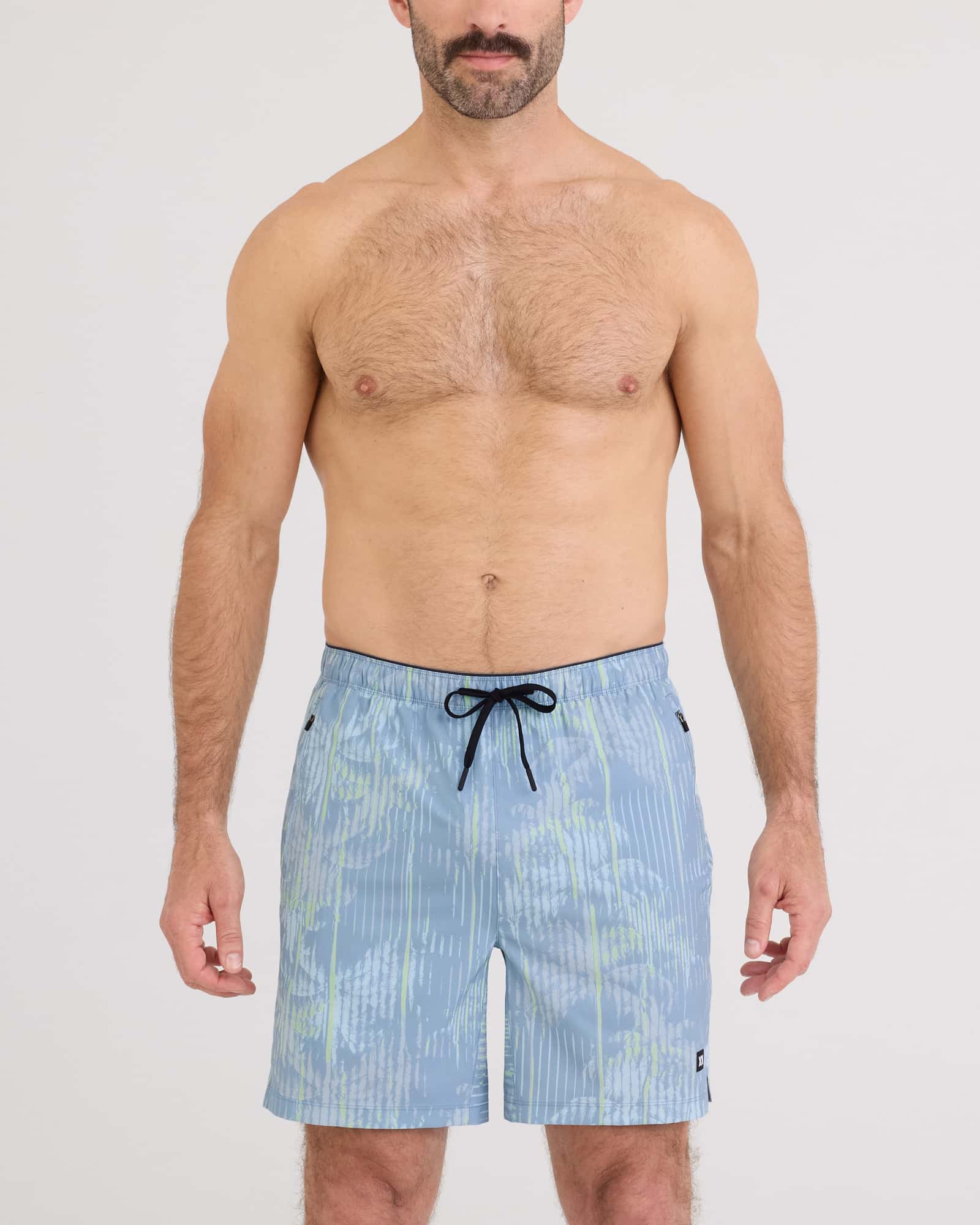 Front - Model wearing Power Moves 2N1 Short 7" in Palm Screen-Faded Denim