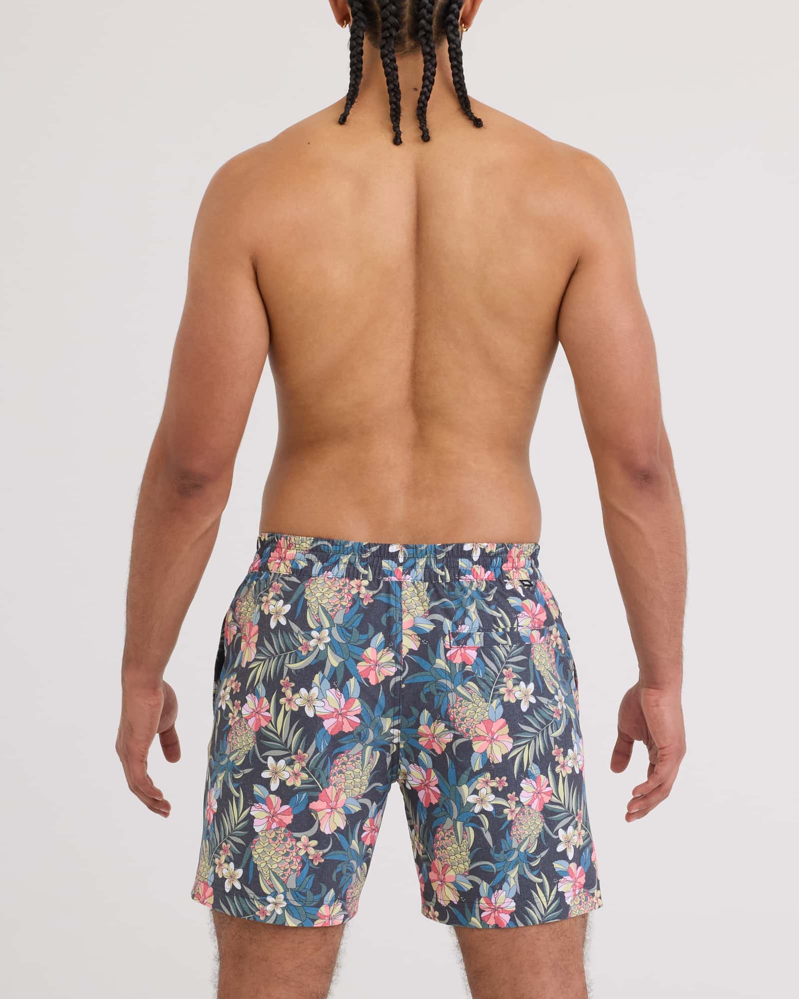 Back - Model wearing Sea To Shore 2N1 Volley Short 6" in Pineapple Field-Fd Black