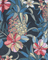 Tropical fabric pattern with pineapples and flowers on a dark background