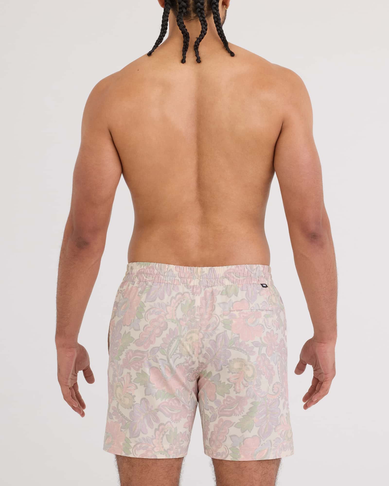 Back - Model wearing Sea To Shore 2N1 Volley Short 6" in Wild Paisley-Cream