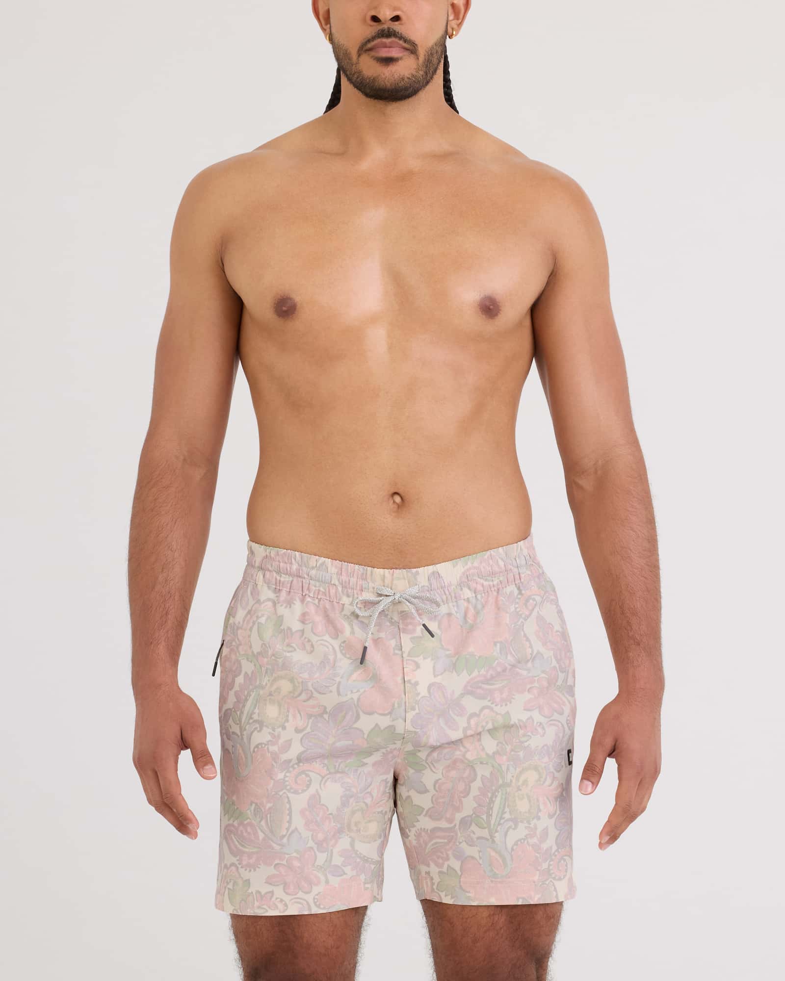 Front - Model wearing Sea To Shore 2N1 Volley Short 6" in Wild Paisley-Cream