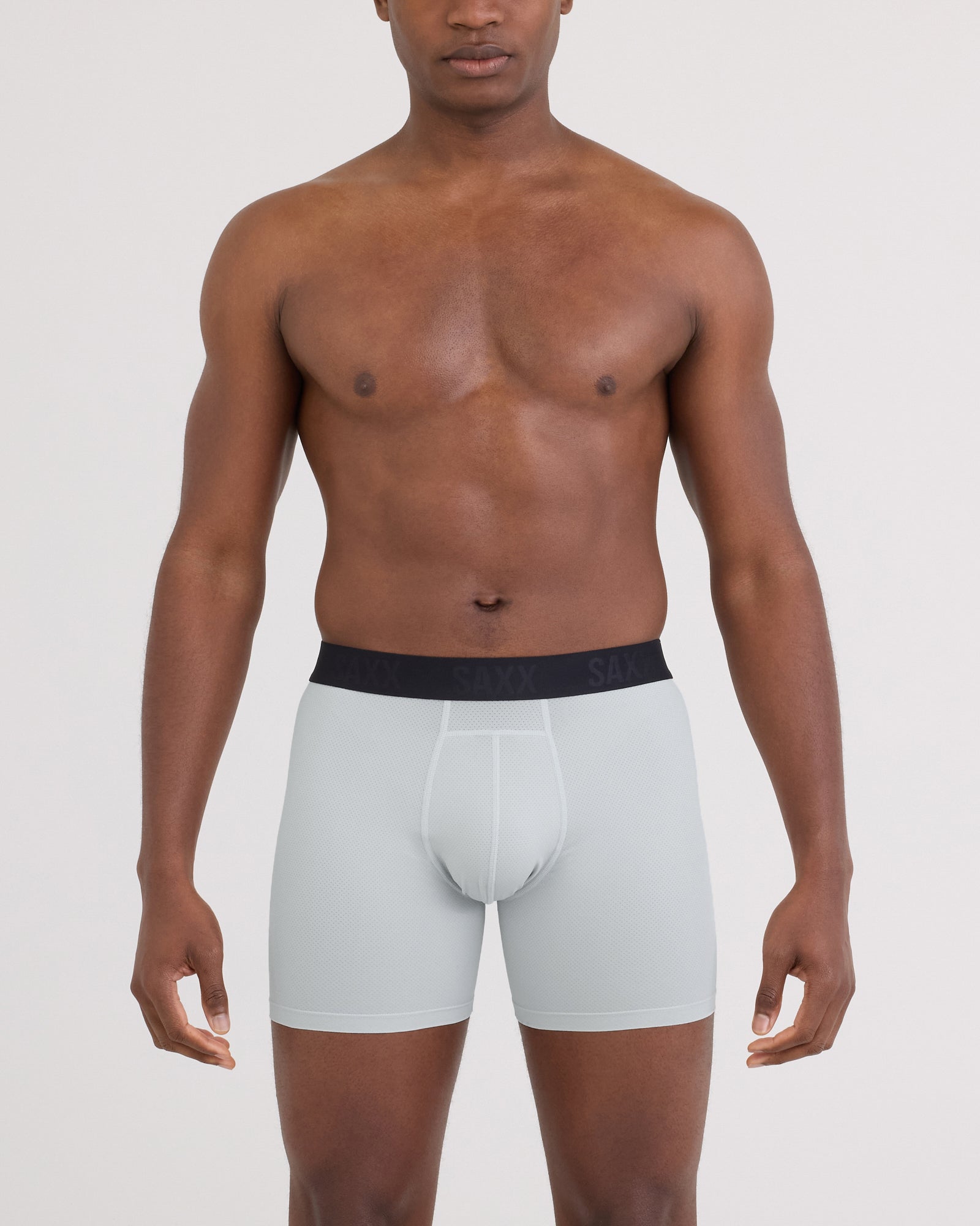 Front - Model wearing Smooth Flex Light Compression Boxer Brief in Pearl Grey