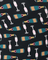 Pattern of colorful champagne bottles and glasses on a black background
