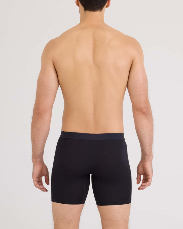 Back - Model wearing Vibe Xtra Soft Comfort Long Boxer Brief Fly in Black