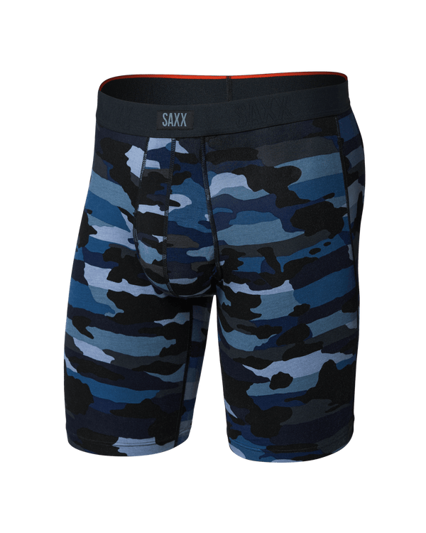 Front of Vibe Xtra Soft Comfort Long Boxer Brief Fly in Cloudbank Camo-Navy