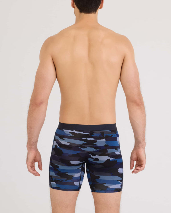 Back - Model wearing Vibe Xtra Soft Comfort Long Boxer Brief Fly in Cloudbank Camo-Navy