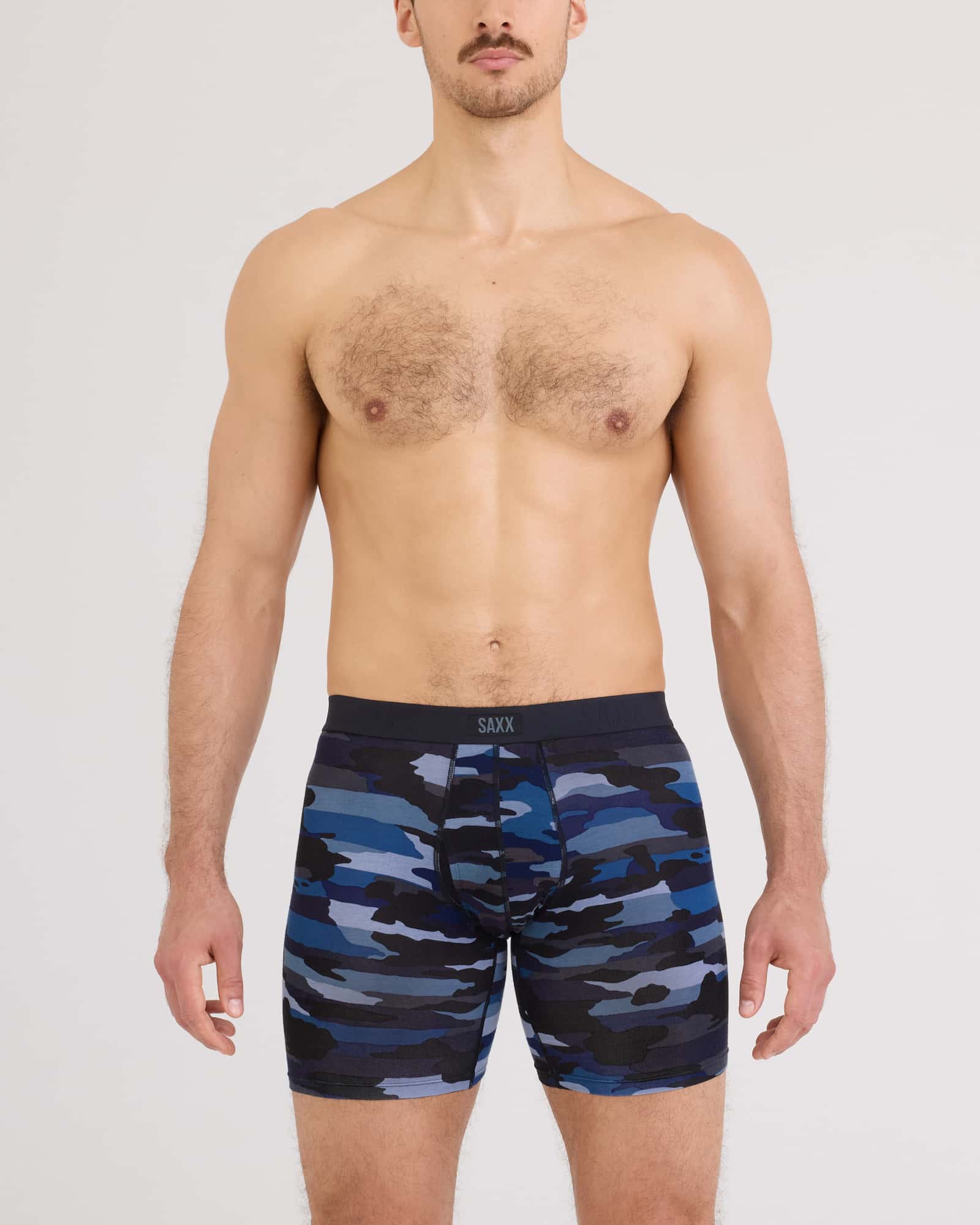 Front - Model wearing Vibe Xtra Soft Comfort Long Boxer Brief Fly in Cloudbank Camo-Navy