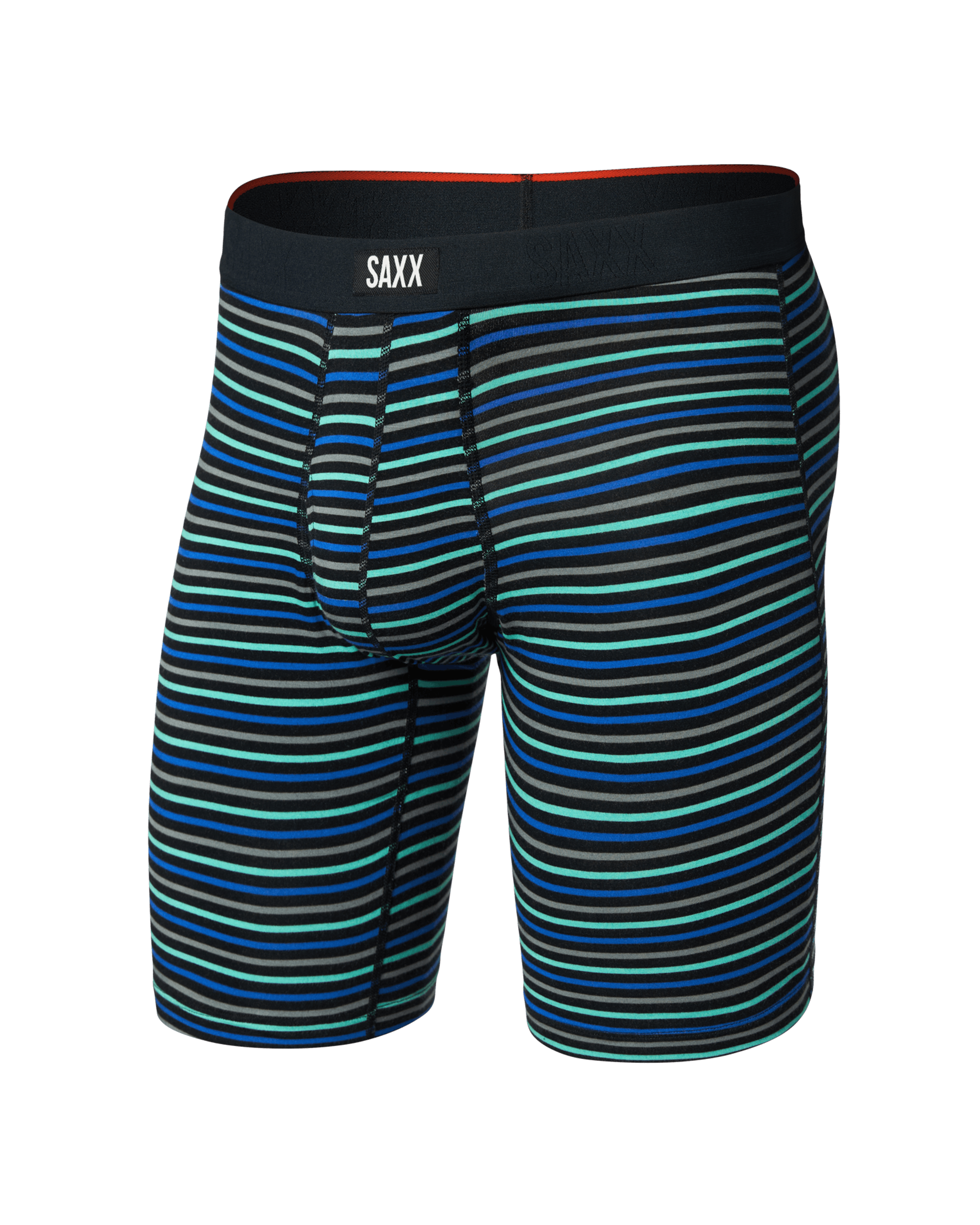Front of Vibe Xtra Soft Comfort Long Boxer Brief Fly in Gents Stripe-Sport Blue