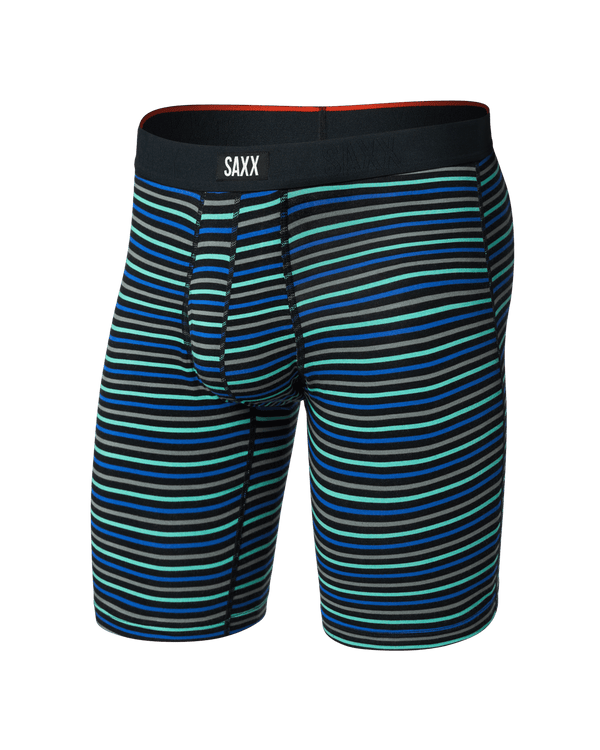 Front of Vibe Xtra Soft Comfort Long Boxer Brief Fly in Gents Stripe-Sport Blue
