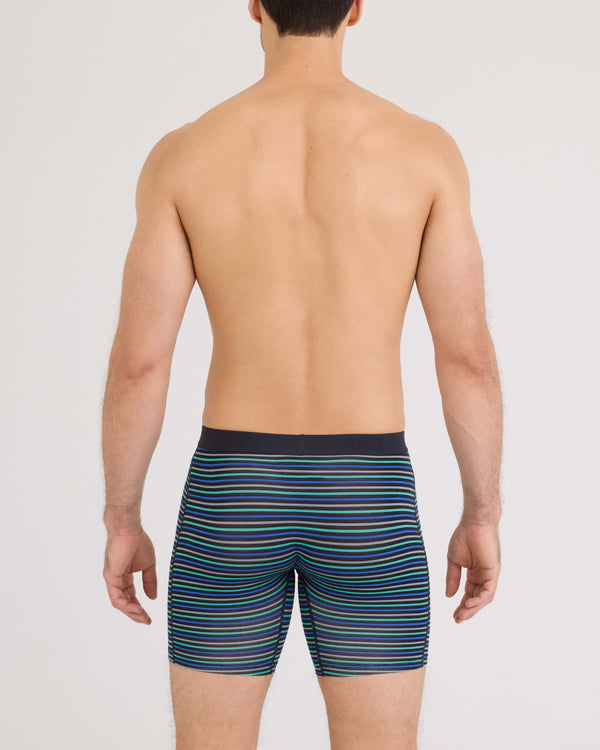 Back - Model wearing Vibe Xtra Soft Comfort Long Boxer Brief Fly in Gents Stripe-Sport Blue