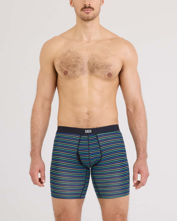 Front - Model wearing Vibe Xtra Soft Comfort Long Boxer Brief Fly in Gents Stripe-Sport Blue