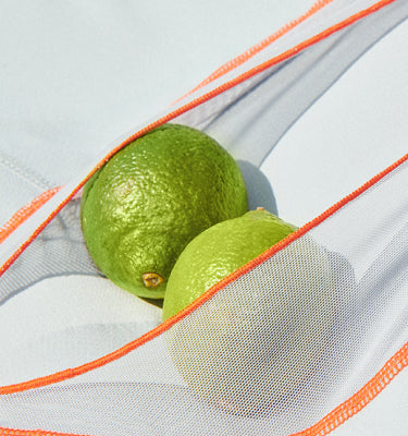 Two limes sitting comfortably in a white mesh BallPark Pouch
