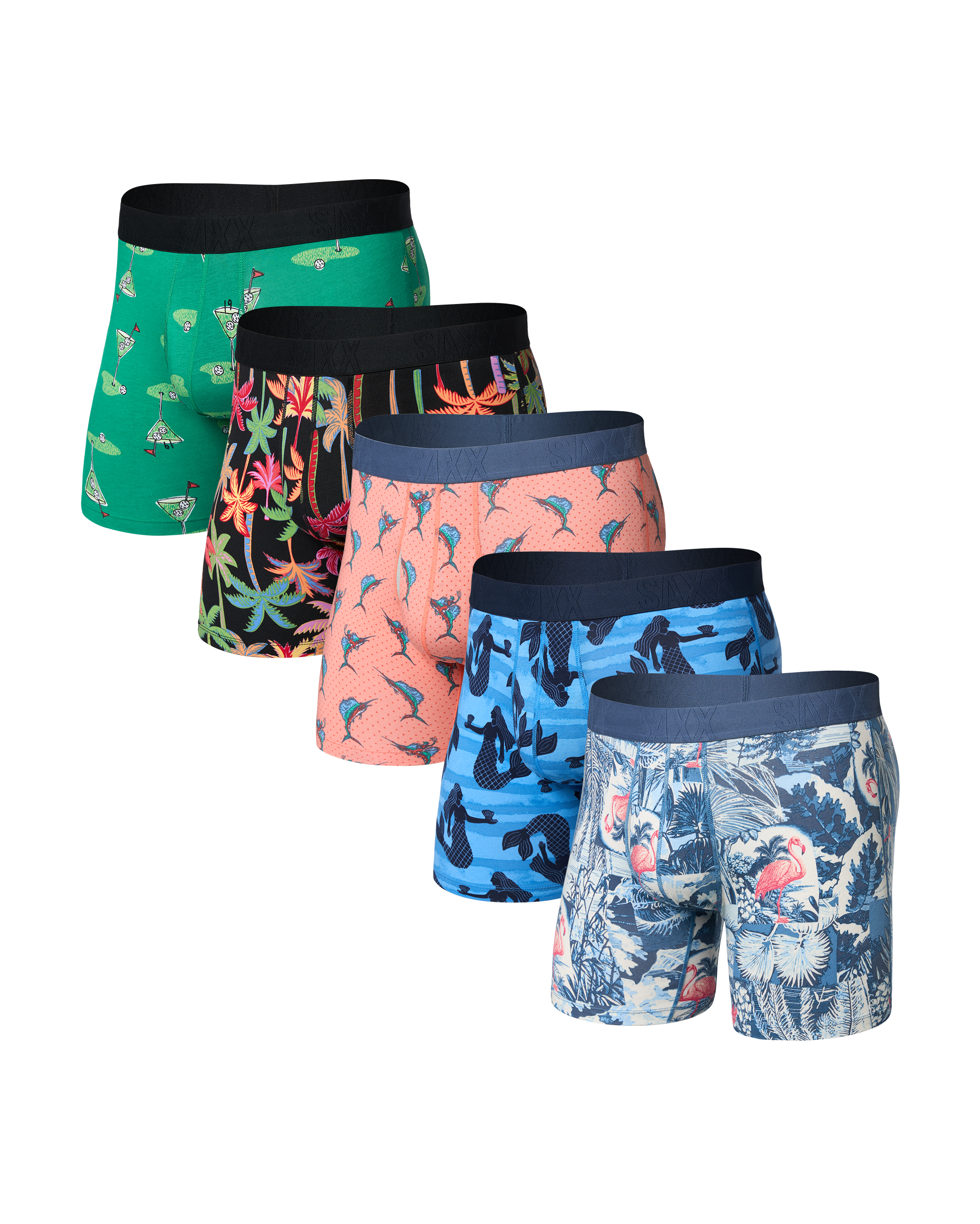 Set of five colorful SAXX boxer briefs with various patterns on a white background