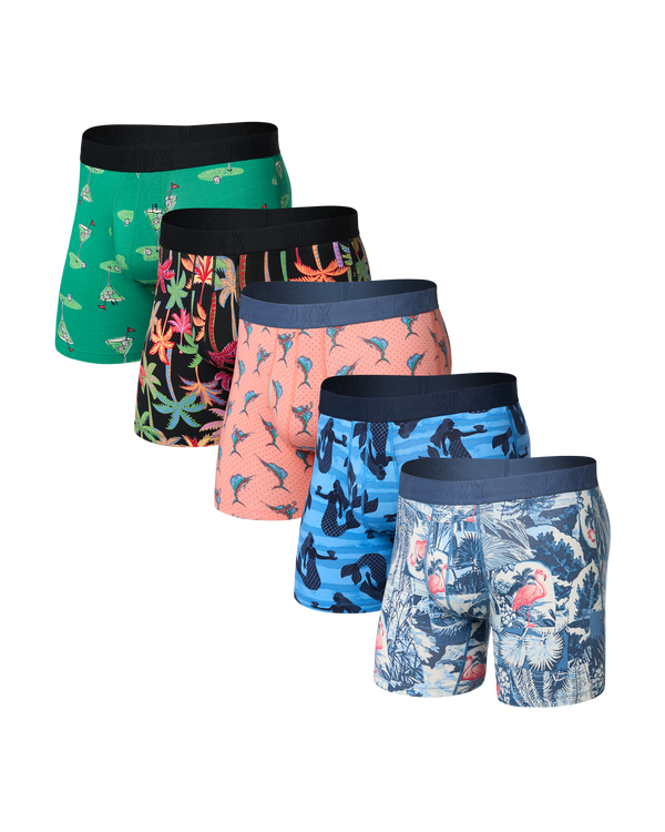 Set of five colorful SAXX boxer briefs with various patterns on a white background