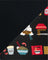 Fabric with colorful ramen-themed designs on a black background