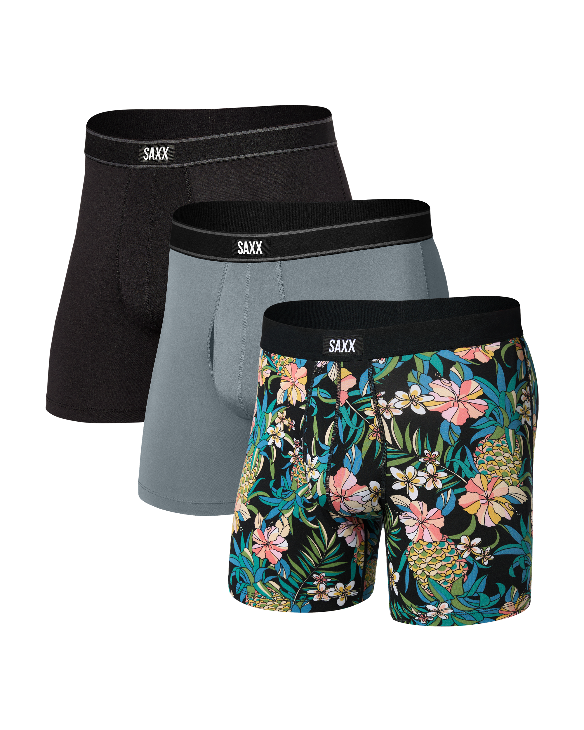 Front of Daytripper Comfort Stretch Boxer Brief 3 Pack in Pineapple Field/Tradewinds/Black