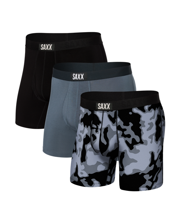 Front of Ultra Super Soft Boxer Brief Fly in  Crater Camo/Grey/Black