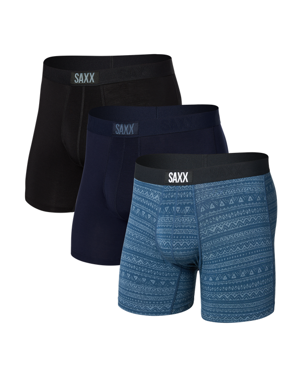 Front of Vibe Super Soft Boxer Brief 3 Pack in Batik Stripe/Martime/Black