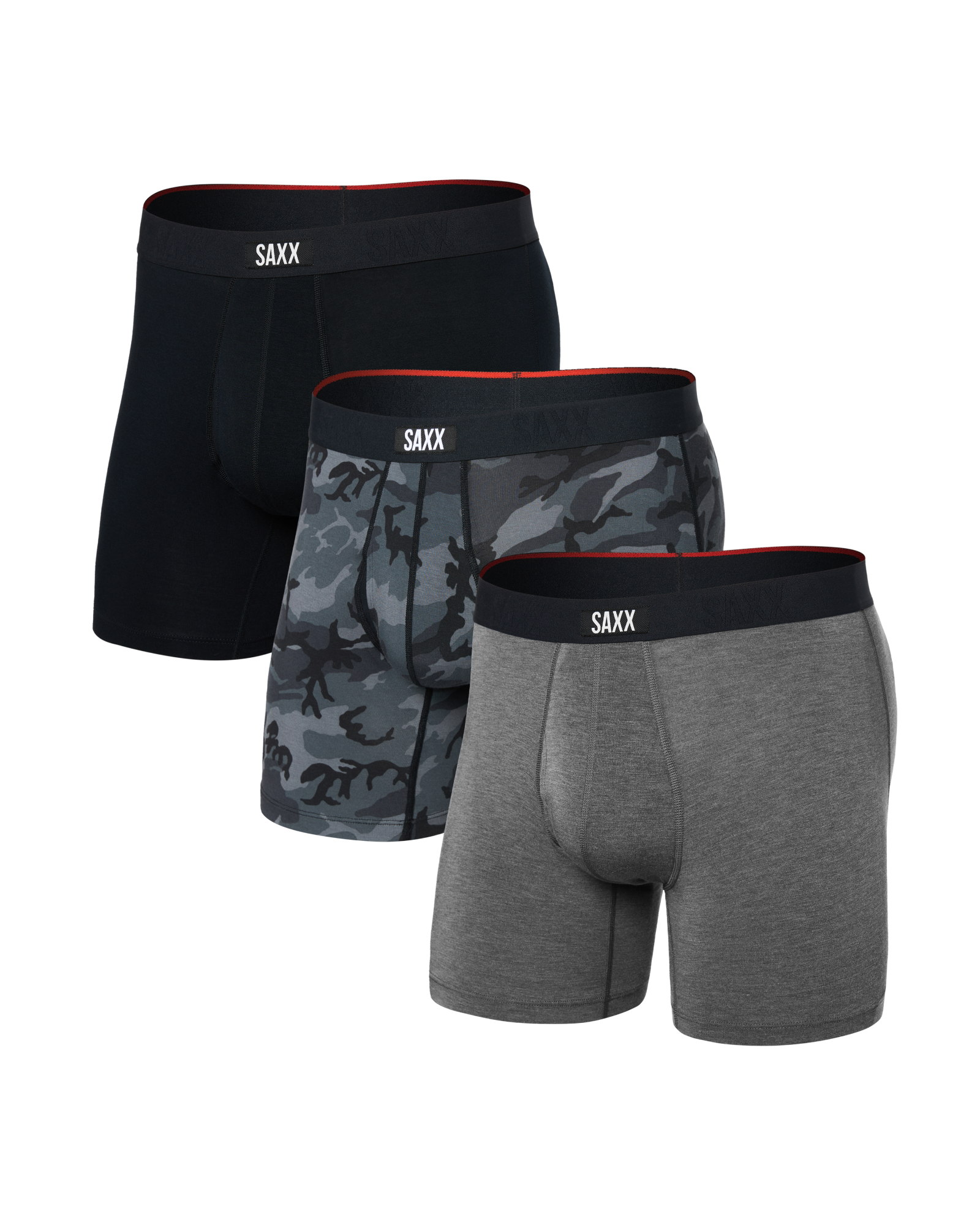 Front of Vibe Xtra Boxer Brief Fly 3 Pack in Wood Camo/Grey Heather/Black