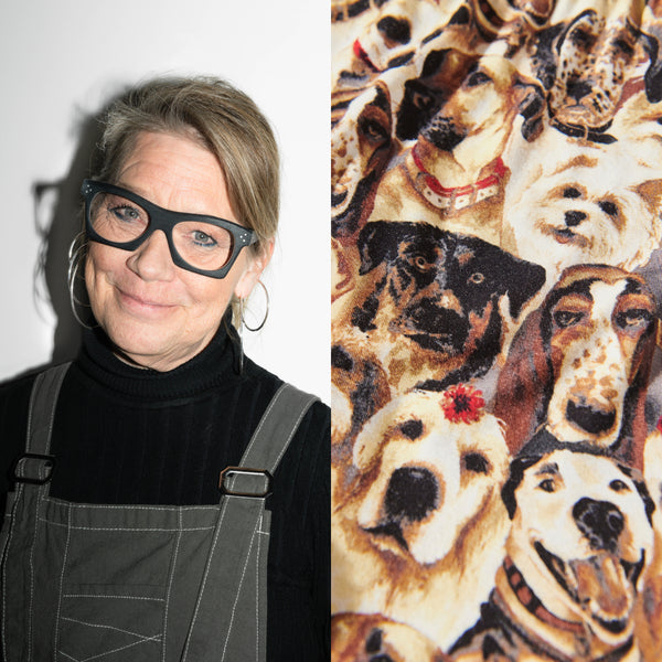 Split photo of SAXX designer Patty and a watercolor dog print
