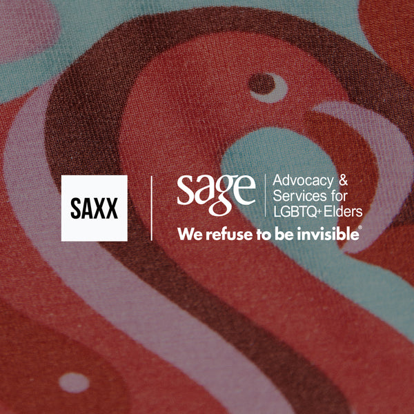 SAXX and SAGE logos overlaying a close up photo of red boxer briefs in a flamingo print