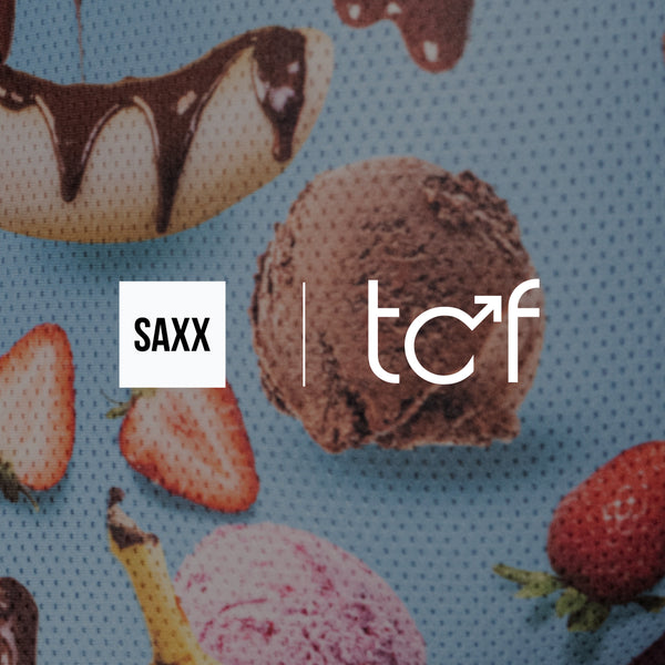 SAXX and Testicular Cancer Foundation logos overlaying a close up photo of blue boxer briefs in an ice cream sundae print