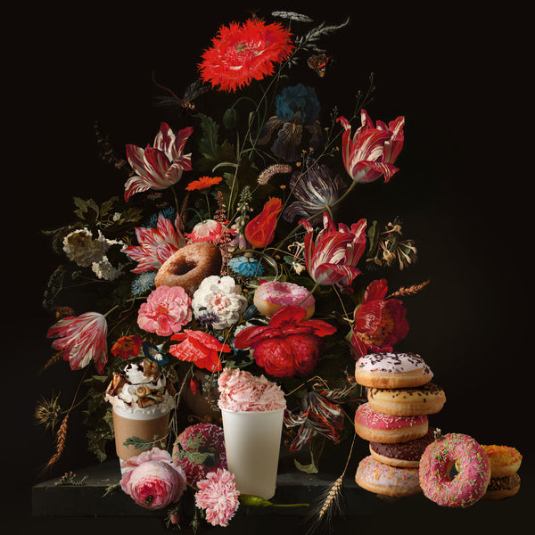 Photorealistic print of desserts and a bouquet of flowers