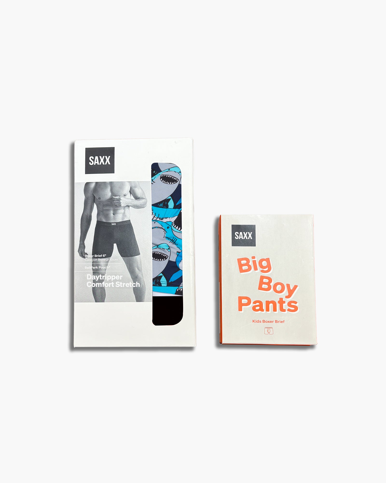 Two boxes of SAXX underwear on a white background