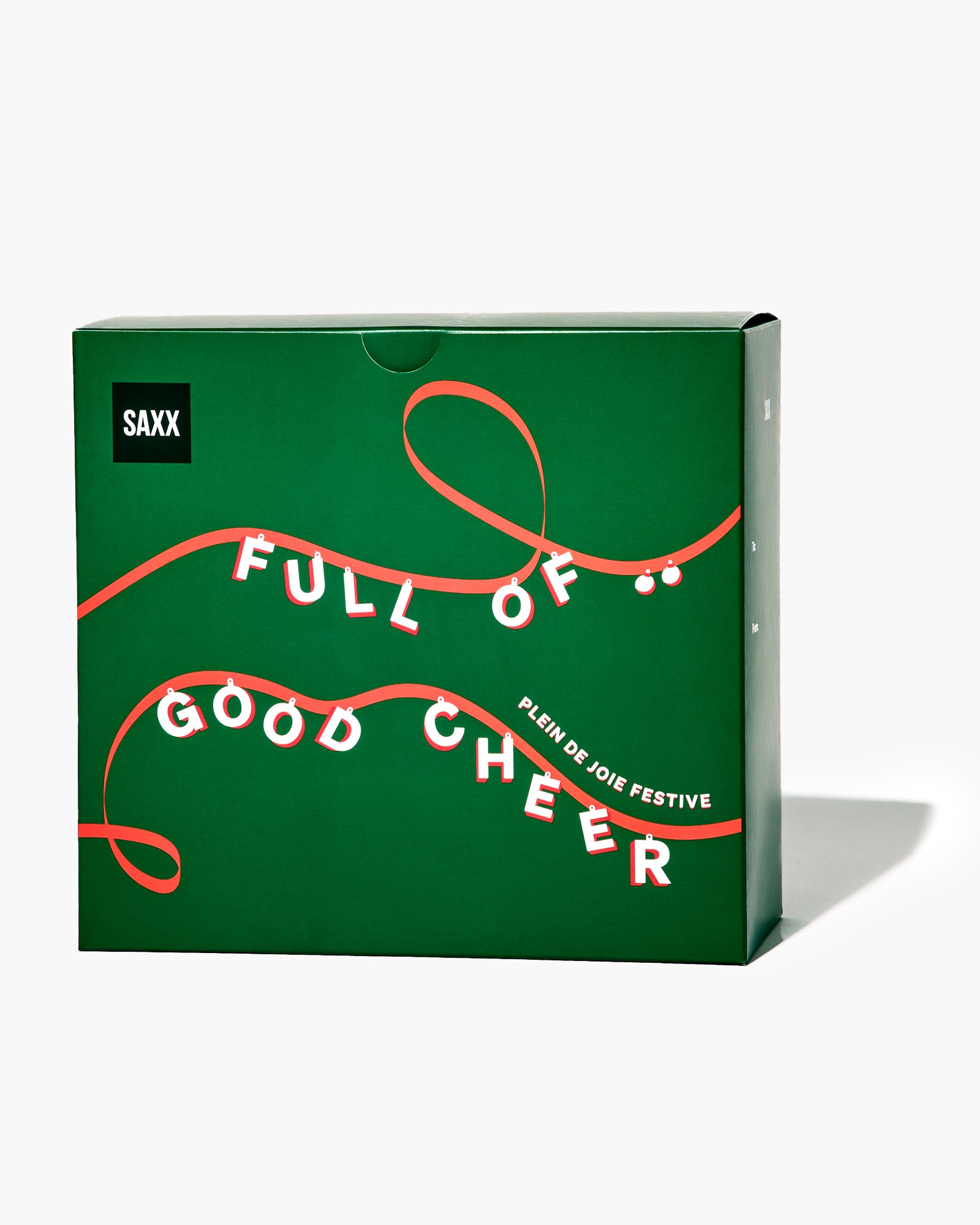 Green box with festive text and red ribbon design on a white background