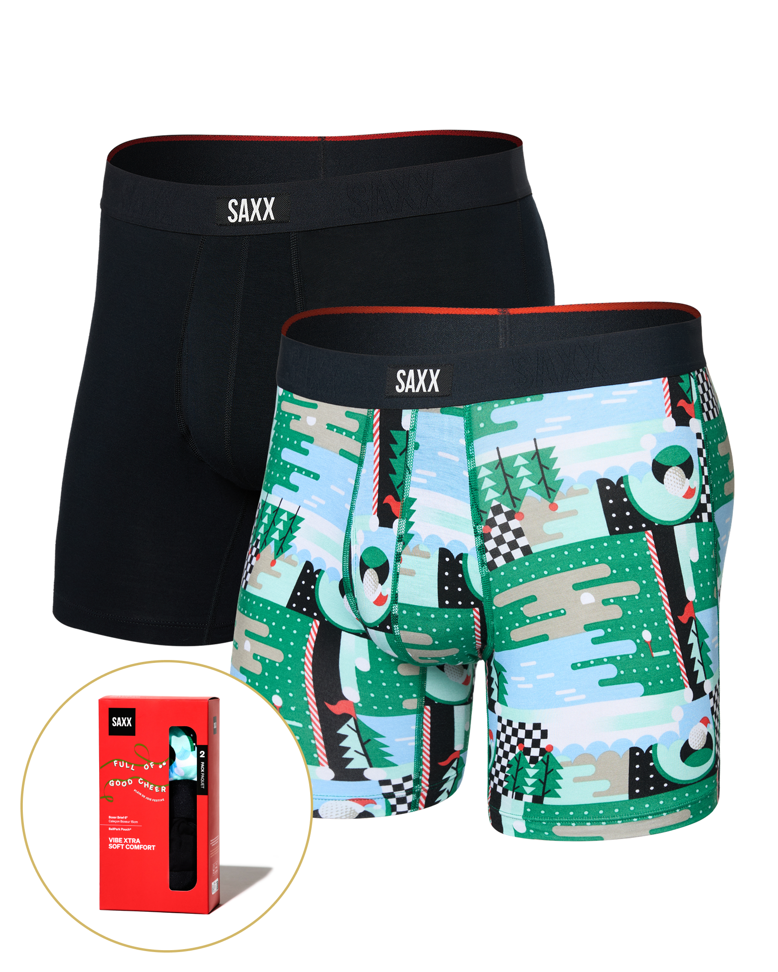 Front of  Vibe Xtra Soft Comfort Boxer Brief Fly 2 Pack in Geo Golf/Black