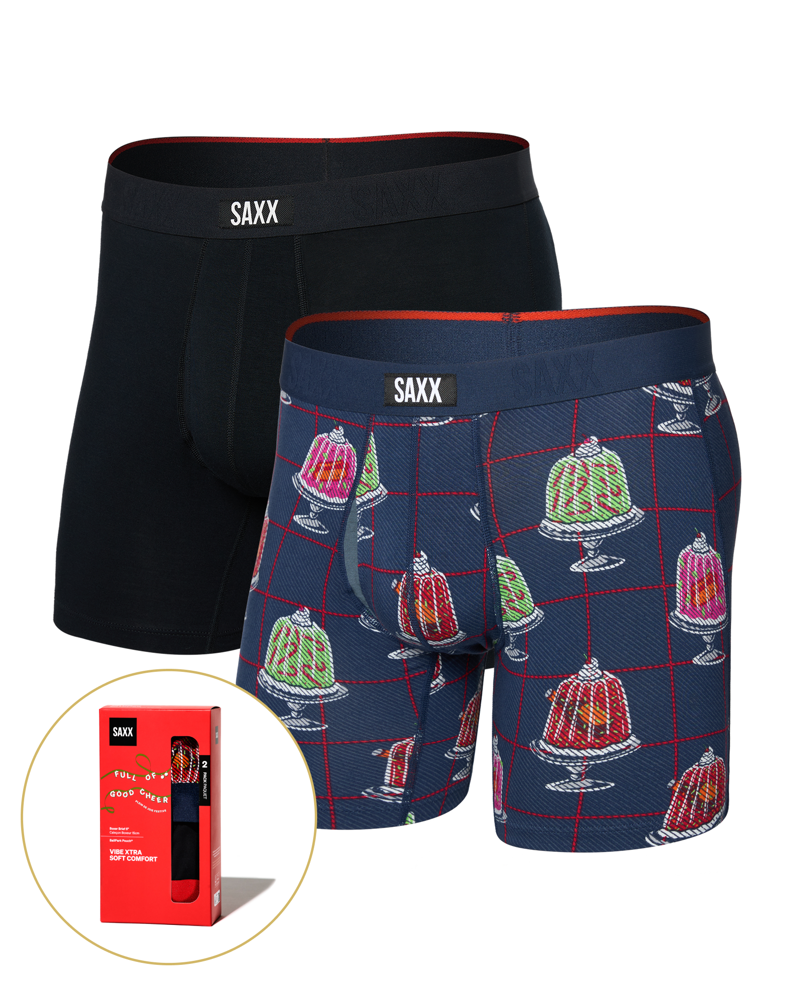 Front of  Vibe Xtra Soft Comfort Boxer Brief Fly 2 Pack in Jiggle Bells/Red Waistband