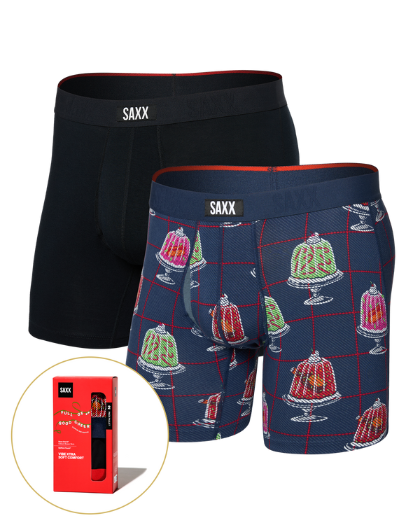 Front of  Vibe Xtra Soft Comfort Boxer Brief Fly 2 Pack in Jiggle Bells/Red Waistband