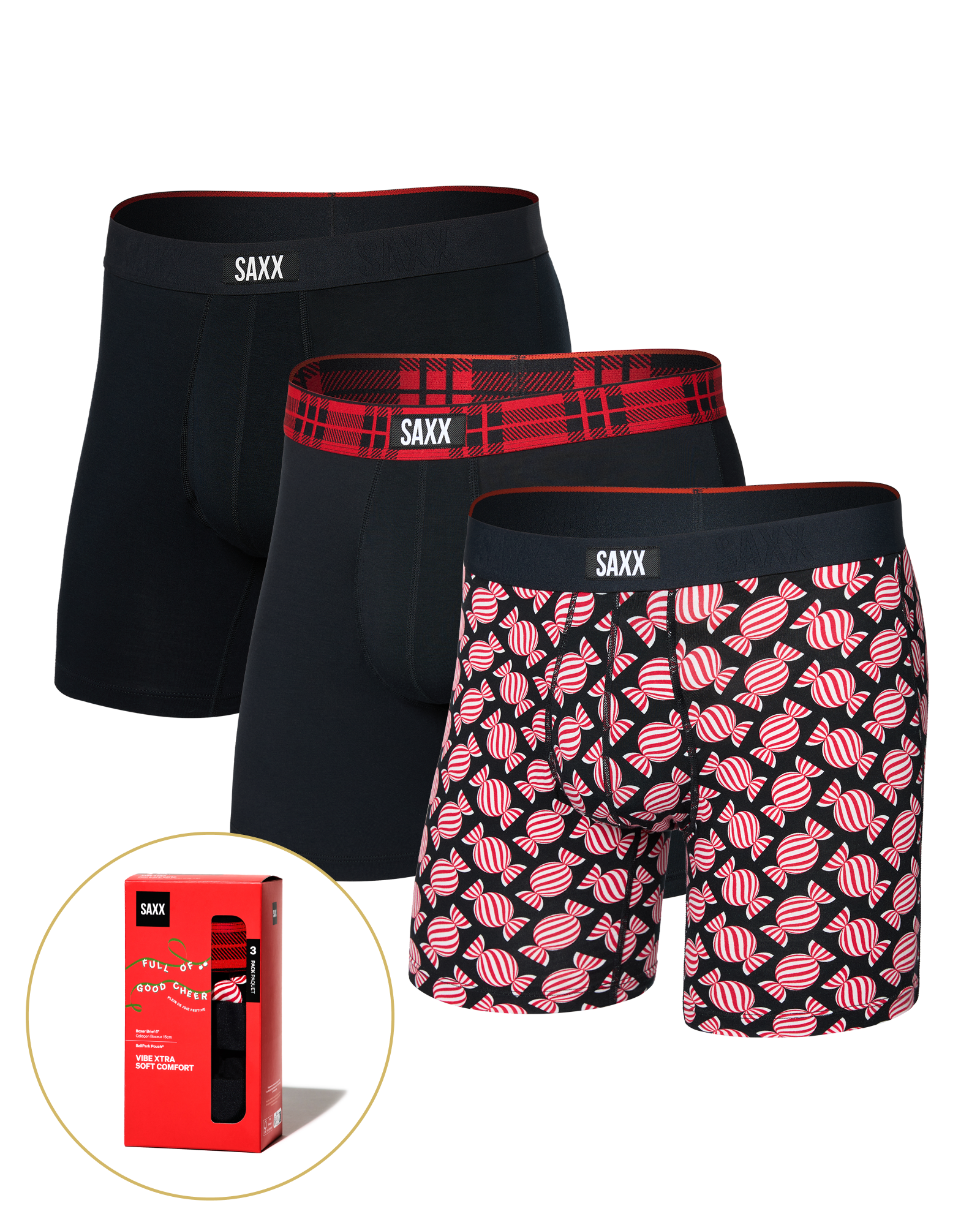 Front of  Vibe Xtra Soft Comfort Boxer Brief Fly 3 Pack in Sweet Stripe/Check Waistband/Black
